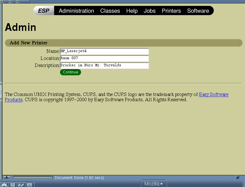 CUPS-Administration - Drucker hinzufügen - Name