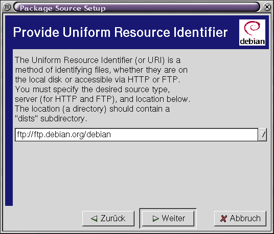 GNOME Apt - Installationsquellen - URI angeben