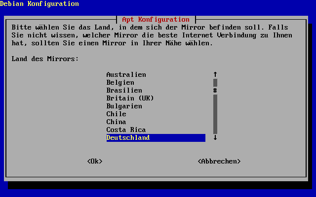 Konfiguration des Grundsystems - Apt Länderauswahl