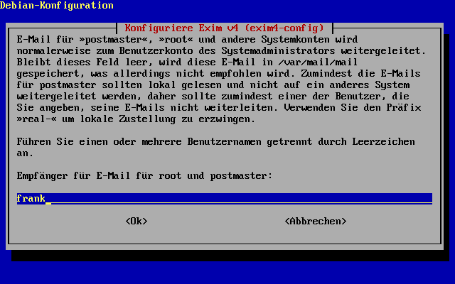 Konfiguration des Grundsystems - Exim Benutzer